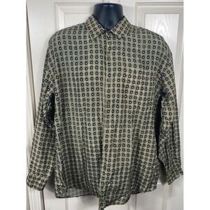 Silk Society Button Up Shirt Geometric Print Long Sleeve Casual Mens M‎